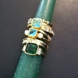 9 Gold-Plated Stackable Rings with Green and Aqua Gemstones